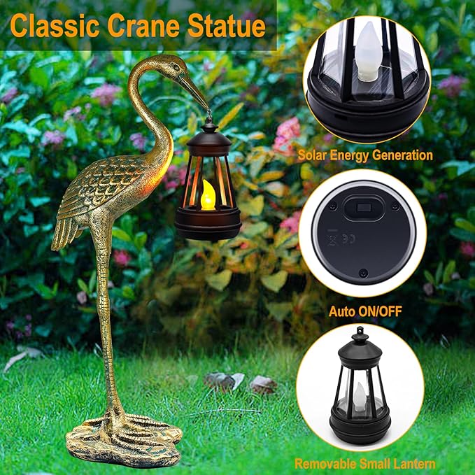 Solar Garden Statue Crane Figurine, Outdoor Hanging Solar Lanterns, Blue Heron Sculpture Statue for Patio, Yard, Lawn, Porch, Garden Decor for Outside Gifts for Christmas Mom, Women, Mother's Day-VerdiqueGarden