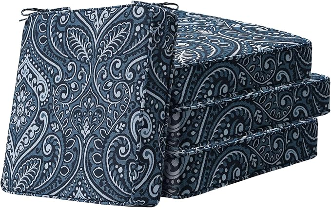Square Corner Seat Cushions, 19" x 19" x 3", Set of 4, Indoor Outdoor Water Repellent Universal Chair Pads with Ties for Patio Furniture, Garden Deck Dining Chairs, Damask Blue Flower-VerdiqueGarden