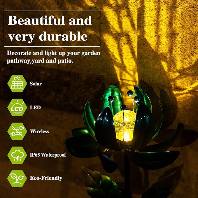 Solar Garden Lights Metal Flower Decor, Colorful Spinning Windmill Lotus Pathway Ligths with LED Cracked Crystal Ball Outdoor Decorative Stake Lighting Waterproof Flower Sculpture for Patio Yard-VerdiqueGarden