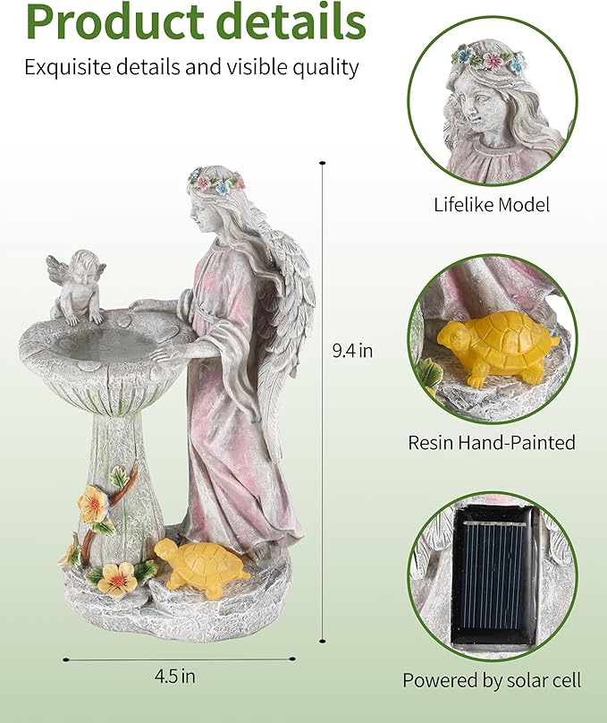 iStatue Solar Angel with Mushroom Bird Bath Statue - 9.5'' Garden Decor for Outside Clearance, Color-Changing Lights Lawn Ornaments Baby Turtle Figurine for Yard Patio Balcony (Angel)-VerdiqueGarden