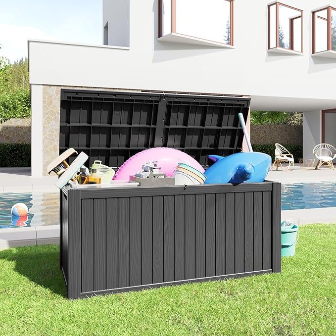180 Gallon Resin Deck Box, Lockable Patio Outdoor Storage Box for Furniture, Garden Tools and Tools Storage, Waterproof Outside Storage Boxes - Black-VerdiqueGarden