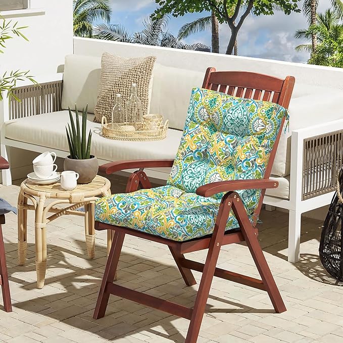 LVTXIII Outdoor Tufted Low Back Cushions, Solid Fluffy Seat and Back Chair Cushion with Ties, Patio Replacement Rocking Chair Cushion for Outdoor Furniture Use, 21 W x 21D, 2 Pack, Damask Green-VerdiqueGarden