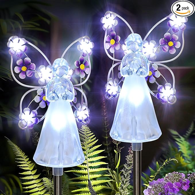 GIGALUMI Solar Angel Garden Stake Lights - 2 Pack Angel Solar Lights Outdoor Garden, Eternal Light Angel with 7 LEDs for Cemetery Grave Decorations, Memorial Gift, Christmas Yard Art, Sympathy Gifts-VerdiqueGarden