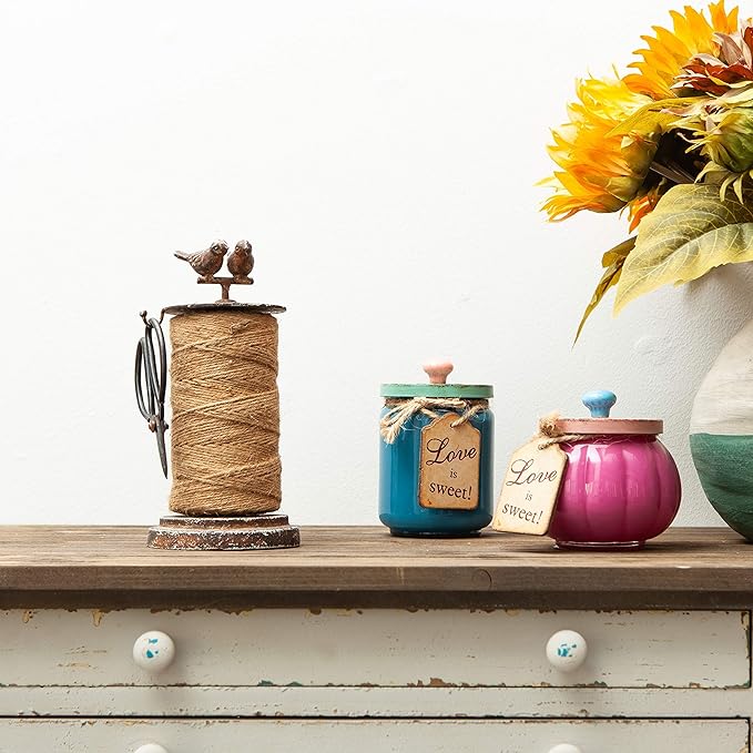 SOFFEE DESIGN Vintage Jute Twine Holder with Scissors for Garden Farmhouse Kitchen Counter Antique Twine Set Birds Rustic Black-VerdiqueGarden
