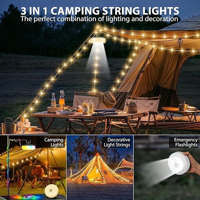 Camping String Lights, 4 in 1 Quick Storage 32.8FT Rechargeable Tent Lights with 6 Modes Hanging Waterproof Camp Lamp Camping Essentials for AwnTent Hiking Garden Bedroom Festival (Warm White)-2Pack-VerdiqueGarden