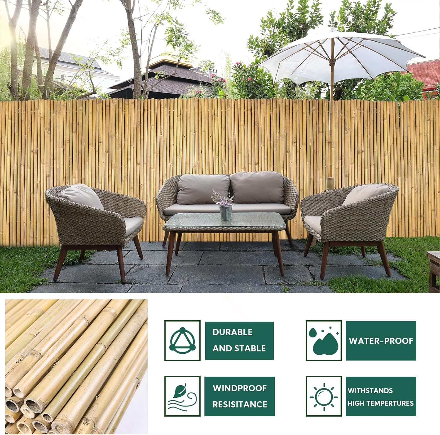 Natural Bamboo Fence 4ft H x 8ft L x 0.7In D, Eco-Friendly Privacy Fence for Outdoor Wall, Garden, Yard, Pool, Patio, Decorative Bamboo Fencing-VerdiqueGarden