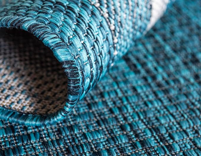 Unique Loom Outdoor Border Collection Area Rug - Soft Border (8'x 11' 4" Rectangle, Teal/ Ivory)-VerdiqueGarden