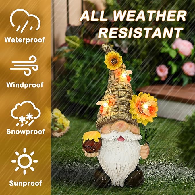 Uniboho Garden Gnome Statue Outdoor Garden Decor Large Resin Sunflower Gnome Holding Honey Jar with Solar Bee Lights for Garden Yard Decorations Patio Lawn Outside Porch Lawn Decor Gnomes Gifts 12"-VerdiqueGarden