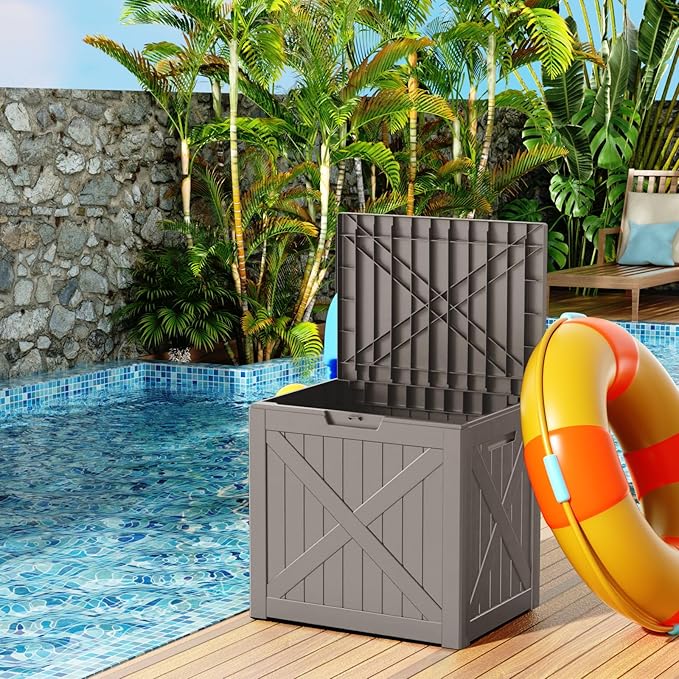 32 Gallon Resin Deck Box, Lockable Outdoor Storage Box for Patio Cushions Storage Furniture,Garden Tools, Pool Supplies, Weatherproof and UV Resistant (Grey X)-VerdiqueGarden