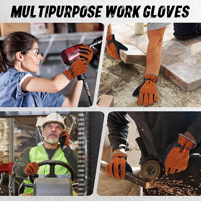 HLDD HANDLANDY Leather Work Gloves for Men & Women, Adjustable Wrist Cowhide Gardening Glove with Reinforced Palm for Driver-VerdiqueGarden