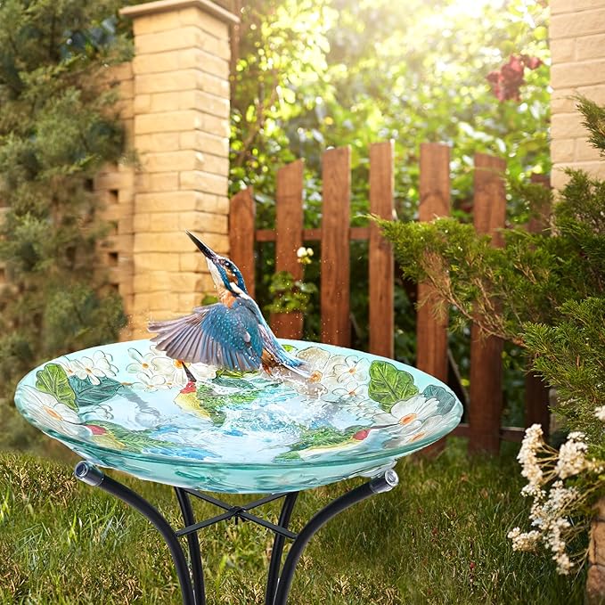 VCUTEKA 18" Outdoor Glass Birdbath with Sturdy Metal Stand for Lawn, Yard, or Garden Decor Bird Lovers Gift, Hummingbird Bird Bath Detachable, 22" Height-VerdiqueGarden