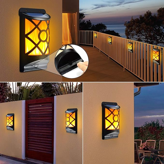 Solar Flame Lights Outdoor, Realistic 3D Flickering Flames with 66 Ultra-Bright LEDs - Waterproof Wall Mount Lanterns for Deck, Fence, Patio, Garden, Auto On/Off (4-Pack Value Set)-VerdiqueGarden