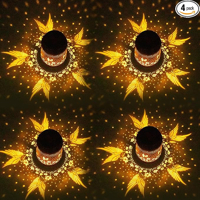 4 Packs Solar Lanterns Outdoor Hanging Lantern Lights, 4 Hummingbirds Hollowed-Out Metal Decor Lantern, Waterproof LED Decorative Garden Light Gifts-VerdiqueGarden