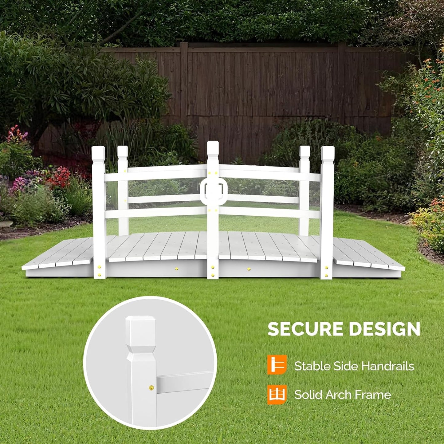VINGLI Garden Bridge, Classic Wooden Arch with Safety Rails Footbridge (White, 5 ft)-VerdiqueGarden