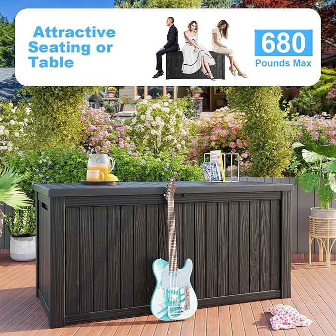 180 Gallon Deck Box,Resin Outdoor Storage Box with Lockable for Patio Furniture, Pool Accessories, Garden Tools Waterproof Outside Storage Box, Black-VerdiqueGarden