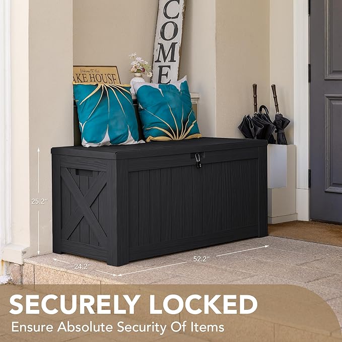 Devoko 120 Gallon Deck Box Resin Outdoor Storage Box Waterproof for Patio, Large Outdoor Storage Bench Lockable for Outside (Black)-VerdiqueGarden