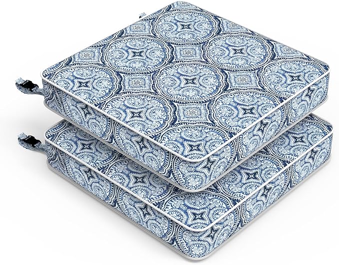 LVTXIII Patio Chair Cushions 22"x22"x3", Water-Repellent Outdoor Seat Cushions for Patio Furniture, Square Chair Pads with Ties for Home Garden Decoration, Set of 2, Medallion Blue-VerdiqueGarden