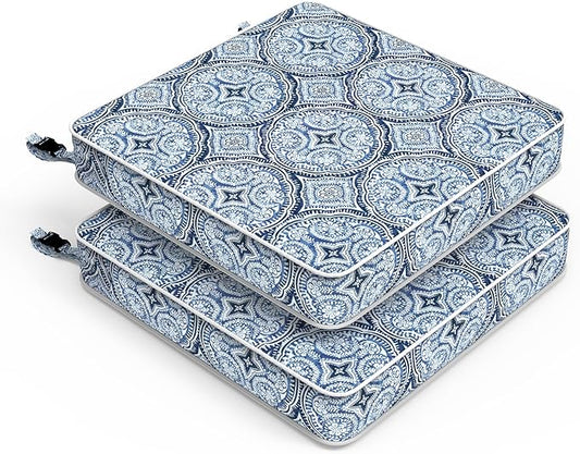 LVTXIII Patio Chair Cushions 22"x22"x3", Water-Repellent Outdoor Seat Cushions for Patio Furniture, Square Chair Pads with Ties for Home Garden Decoration, Set of 2, Medallion Blue-VerdiqueGarden