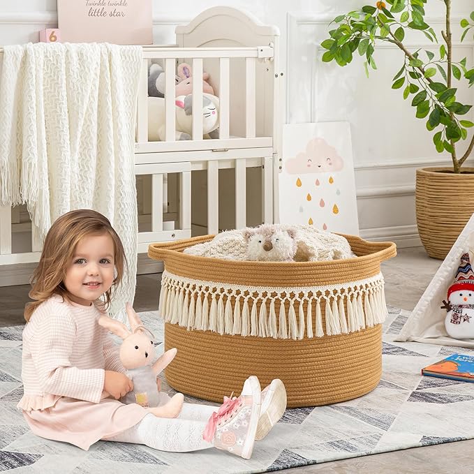 KAKAMAY Large Blanket Basket (20"x13"),Woven Baskets for storage Baby Laundry Hamper, Cotton Rope Blanket Basket for Living Room, Laundry, Nursery, Pillows, Baby Toy chest (Brown Fringe)-VerdiqueGarden