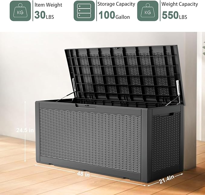 DRATO 100 Gallon Large Deck Box, Outdoor Storage Box for Patio Furniture, Patio Cushions, Gardening Tools, Pool Supplies,660lbs Weight Capacity,Waterproof Resin Storage Boxes-VerdiqueGarden