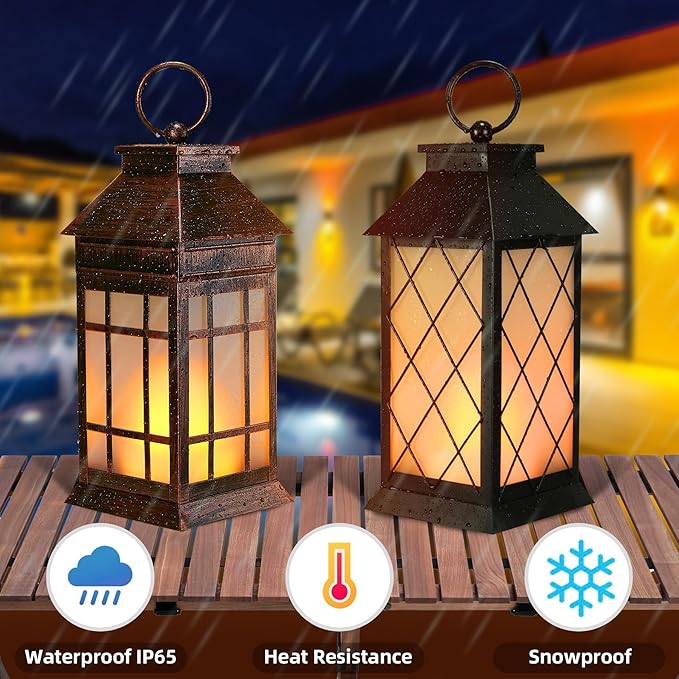 18" Solar Lanterns Outdoor Waterproof, Glass Solar Flickering Flame Lantern Large Hanging Solar Lantern Metal Decorative for Patio Garden Backyard Outside Tabletop (Vintage Black)-VerdiqueGarden