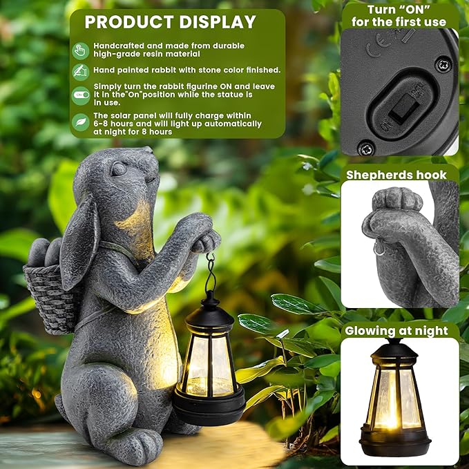 Solar Garden Outdoor Statues Rabbit with Solar Lantern,Outdoor Bunny Figurines Decorations,Lawn Decor Bunny Statue for Patio, Balcony, Yard Ornament,Unique Housewarming and Easter Gifts-VerdiqueGarden