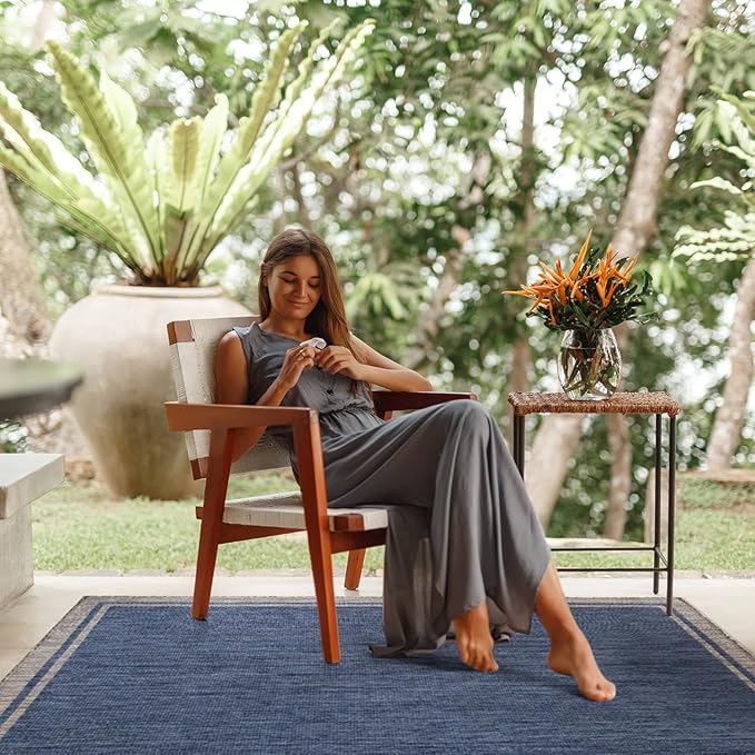 CAMILSON Outdoor Rug, 8x10 Bordered Navy Blue Gray Modern Area Rugs for Indoor and Outdoor Patios, Porches Waterproof Washable Porch Deck Outside Carpet (Bordered Navy, 8 x 10)-VerdiqueGarden