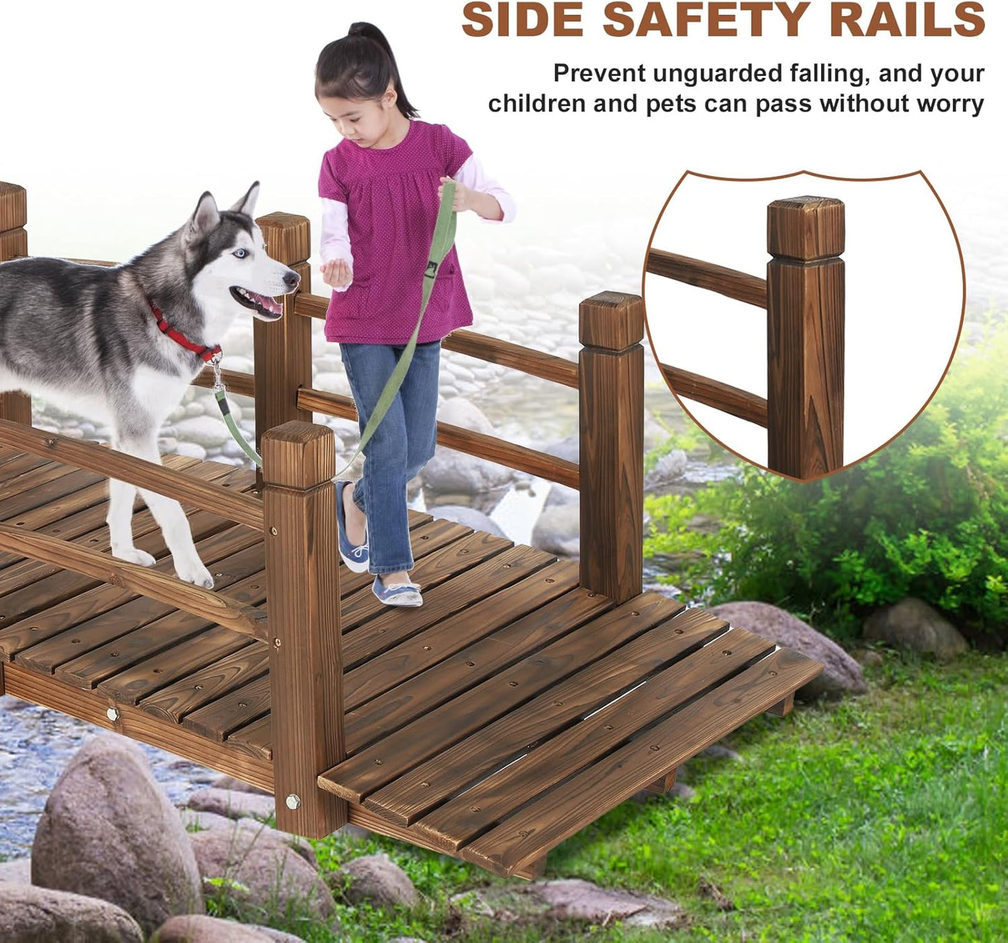 HOMEDIARY Fir Wood Garden Bridge, Outdoor Stained Finish Arc Footbridge Walkway with Double Safety Railings, Decorative Pond Bridge Landscaping for Backyard Farm Garden Creek Pond Decor, Carbonized-VerdiqueGarden