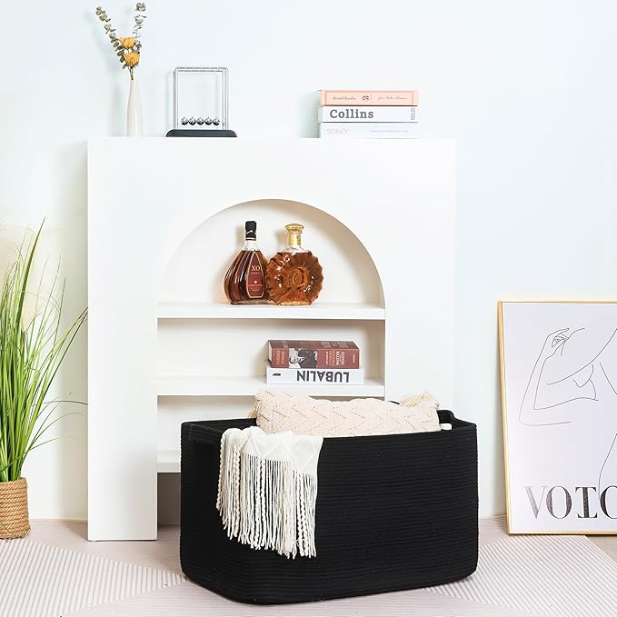 MINTWOOD Design 22in Extra Large Blanket Basket Holder Living Room, Rectangle Rope Woven Storage Basket with Handles for Laundry, Pool Towels, and Shoes, Dog Toy Organizer Bin Box, Full Black-VerdiqueGarden