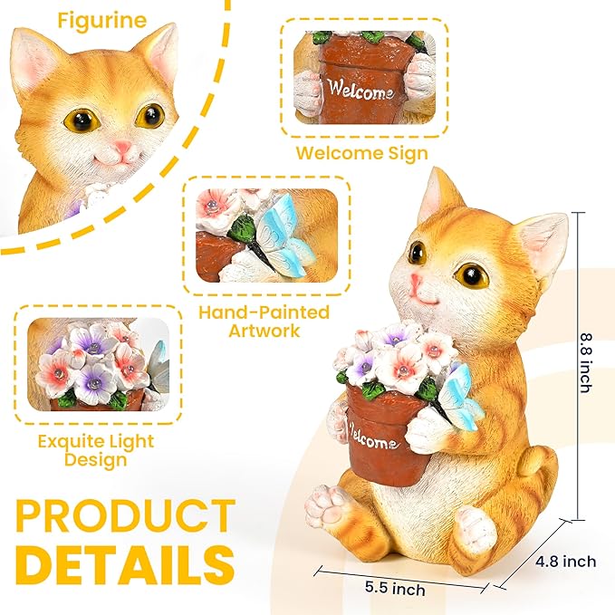 GIGALUMI Solar Garden Decor Flower Pot Cat Statues Outdoor, Birthday Gifts for Women, Gifts for Mom Grandma Senior Elder, Cat Ornament for Balcony, Garden, Patio, Yard, Lawn-VerdiqueGarden
