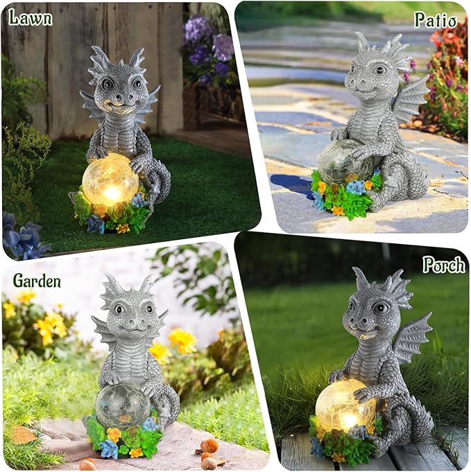 Solar Garden Outdoor Statues Dragon Holding Magic Orb with Solar LED Lights - Lawn Decor Outdoor Statue for Patio, Balcony, Yard Ornament,Unique Gifts for Mom Grandma-VerdiqueGarden