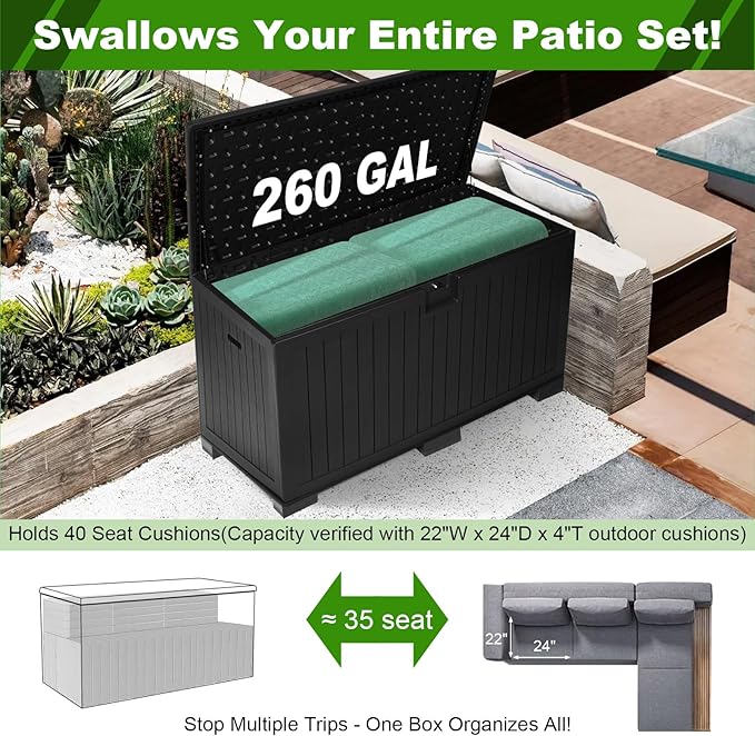 260 Gallon Outdoor Storage Box Waterproof, Extra Large Plastic Outside Deck Box Weatherproof, Resin Patio Storage Bin with Lock and Lids for Pool Equipment and Cushion, Black-VerdiqueGarden