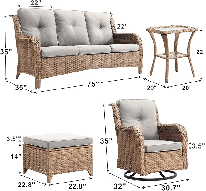 Outdoor Wicker Patio Furniture Set - 6 Piece Rattan Patio Conversation Set with 2 Rocking Swivel Chairs,2 Ottomans,1 Sofa and 1 Side Table for Porch Deck Backyard Garden(Yellow/Beige)-VerdiqueGarden