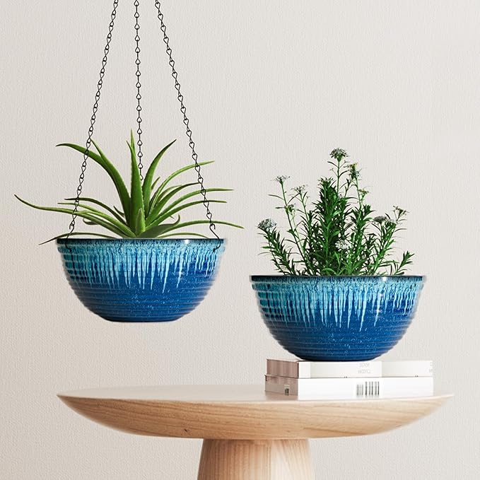 12 inch Hanging Planters for Indoor Outdoor Plants, 2 Pack Large Hanging Flower Pots with Drainage Holes and Chain, Glazed Hanging Baskets for Home Garden Decoration (Blue Flow Glaze)-VerdiqueGarden