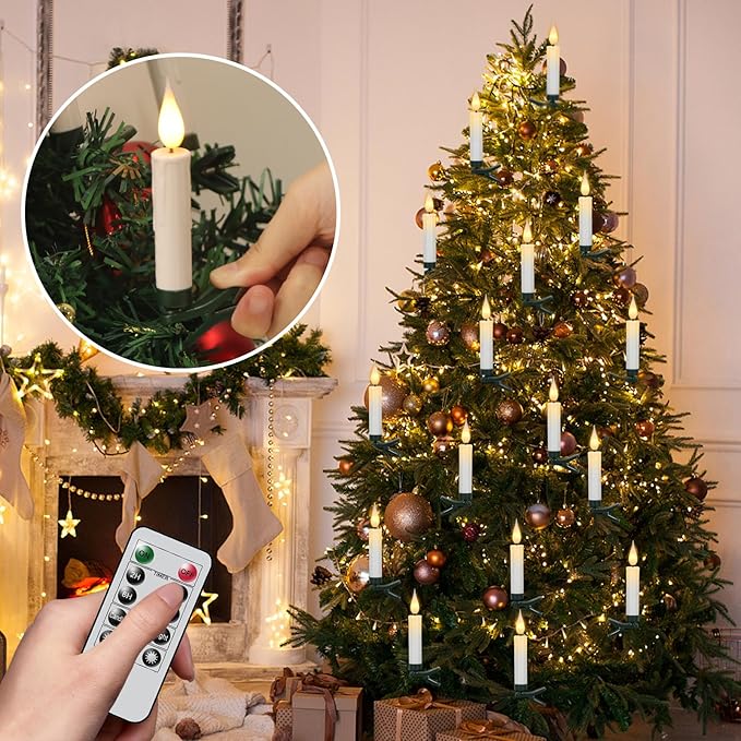DRomance Christmas Tree Flameless Taper Candle Lights Battery Operated with 10-Key Remote and Timer, 30 Pack Plastic 3D Wick Flickering LED Taper Candles Multi-Using Home Garden Holiday Decor 3.4"-VerdiqueGarden
