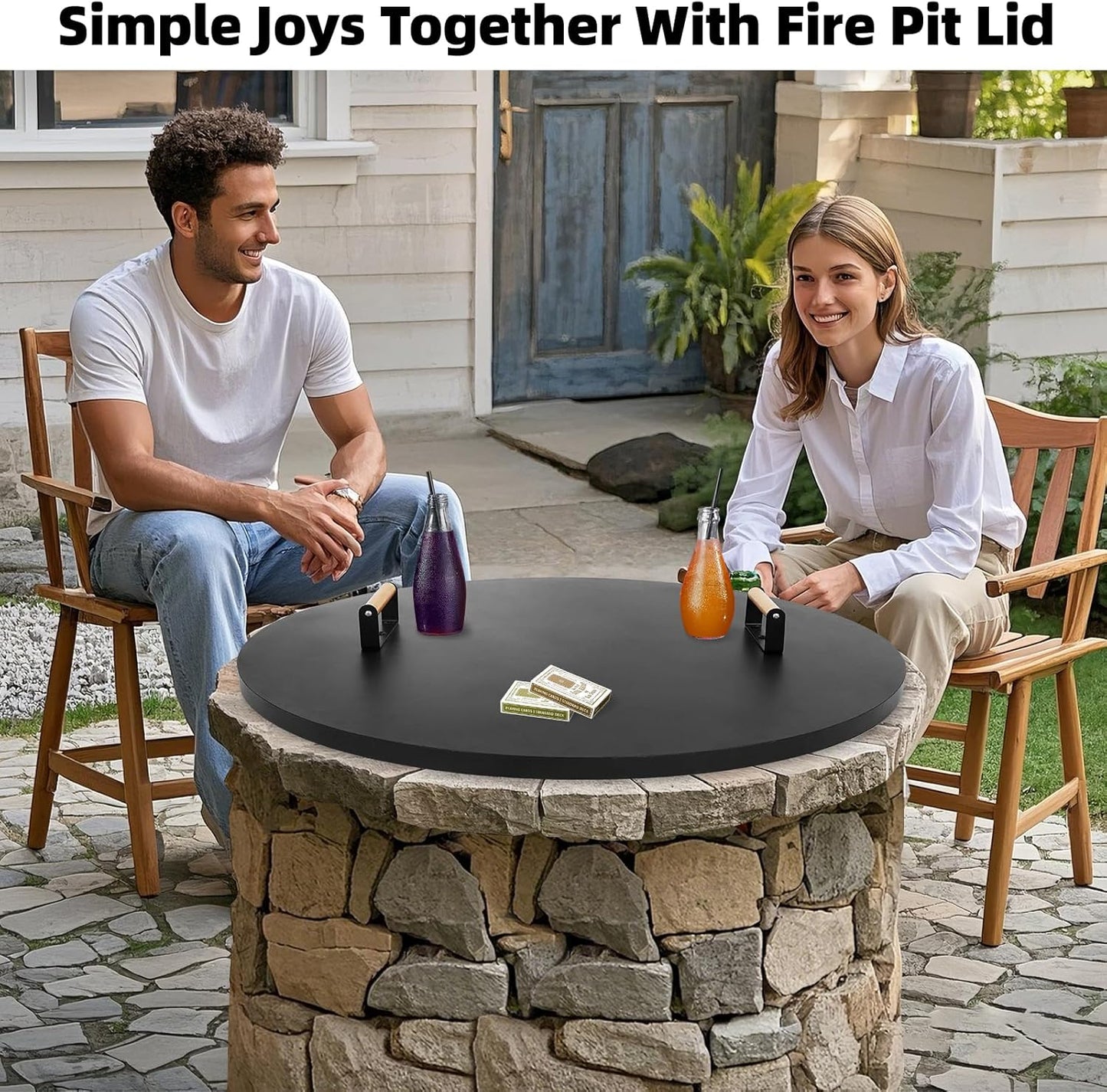 1MORE Fire Pit Lid Round 38" - Metal Firepits Cover with Wooden Handles for Patio Firepits,Rust Resistant 1.5mm Fire Pits Metal Lid, Firepits Accessory, Fire Pits Cover Round, All-season Protective-VerdiqueGarden