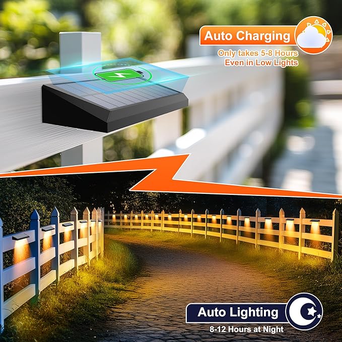 Solar Fence Lights Outdoor Waterproof IP65, 12 Pack Fence Lights Solar Powered 60 Lumens Auto On/Off Step Wall Lights Outside Decorations for Yard, Porch, Patio, Stairs, Pool, Deck, Garden- Warm Light-VerdiqueGarden