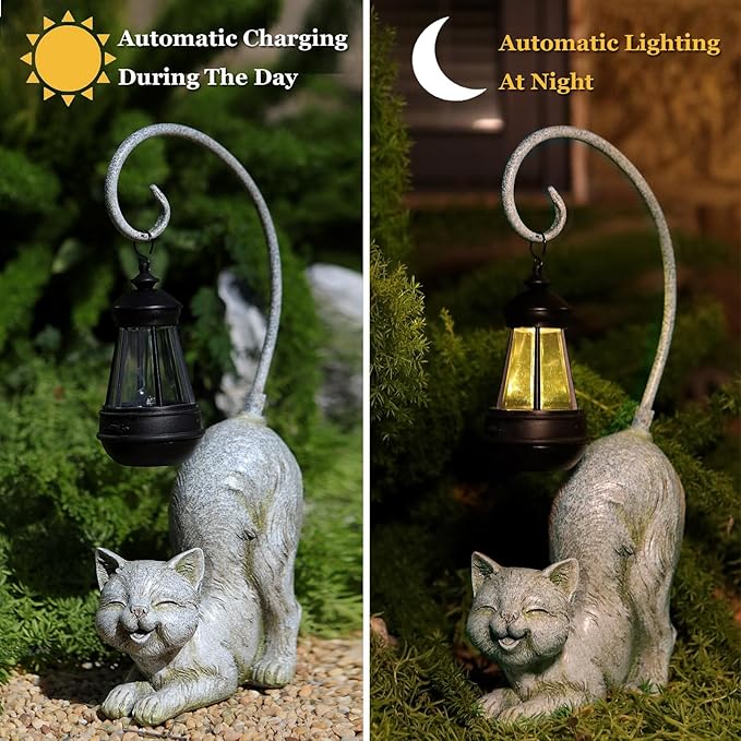Laughing Cat Figurine with Solar-Powered LED Light, 15.7 Inches Tall Marble, Perfect for Gift Garden Decor or Housewarming for Cat Lovers.-VerdiqueGarden