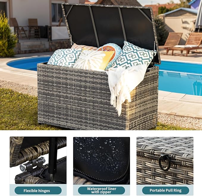178 Gallon Outdoor Storage Box, Patio Deck Box with 2 Wheels, Handle Large Portable Wicker Rattan Deck Box for Patio Furniture Cushions, Throw Pillows, Garden Tools and Pool Floats (Gray)-VerdiqueGarden