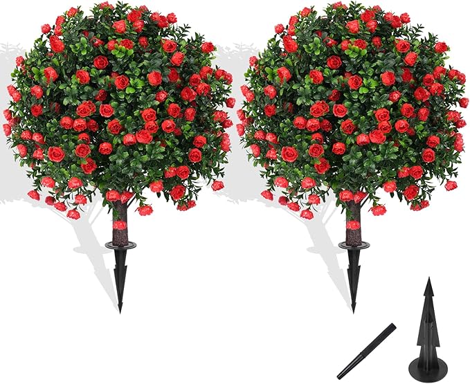 Artificial Boxwood Topiary Tree with Rose, Set of 2 Artificial Shrub Bushes with Ground Spike, Fake Evergreen Tree for Porch, Artificial Plants for Outdoor Planters Indoor UV Resistant-VerdiqueGarden