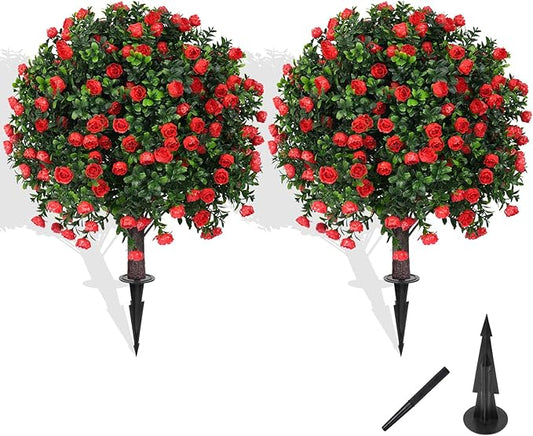Artificial Boxwood Topiary Tree with Rose, Set of 2 Artificial Shrub Bushes with Ground Spike, Fake Evergreen Tree for Porch, Artificial Plants for Outdoor Planters Indoor UV Resistant-VerdiqueGarden