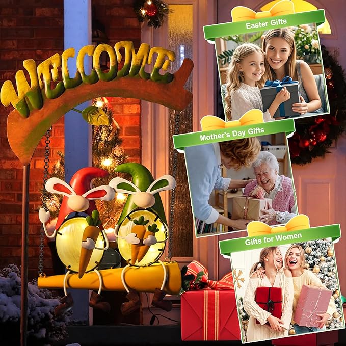 HONGLAND Solar Lights Outdoor Decor, Rabbit Swing Garden Decor, Funny Gardening Gifts for Women Mom, Gnomes Outdoor Decorations with Welcome Sign for Front Porch Patio-VerdiqueGarden