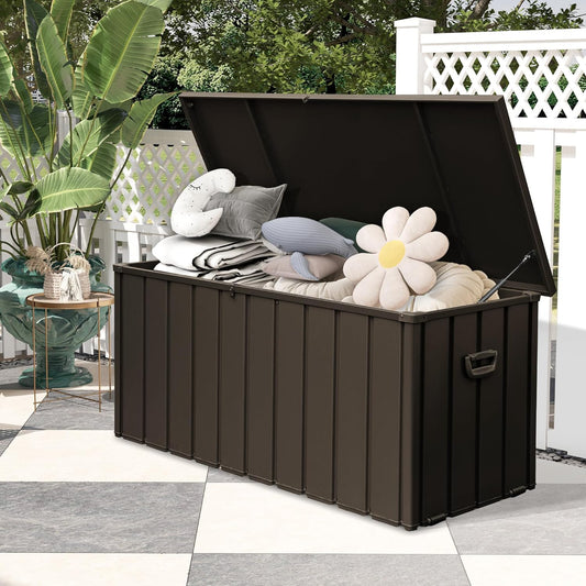 Outdoor Storage Box, 100 Gallon Metal Deck Box Waterproof, Outside Steel Storage Lockable Cabinet, Indoor Storage Bin Container for Patio/Poolside/Backyard Cushions, Pillow -Brown-VerdiqueGarden
