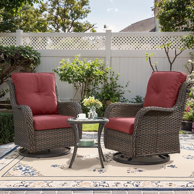 Outdoor Swivel Rocker Patio Chairs - 3 Piece Outdoor Bistro Set Wicker Patio Rocking Chairs Set of 2 with Side Table, 360 Degree Swivel Glider Seating for Porch Balcony Deck Brown/Red-VerdiqueGarden