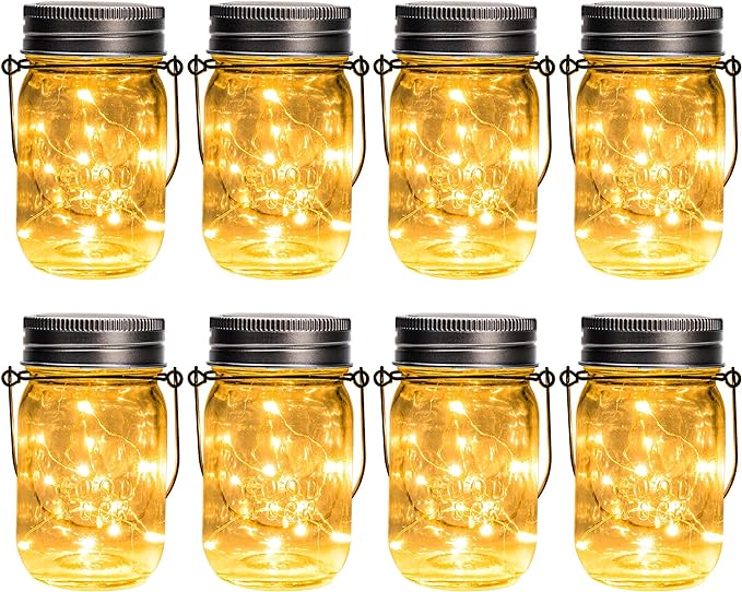 GIGALUMI Solar Mason Jar Lights, 8 Pack 30 Led String Fairy Lights Garden Lights Outdoor Waterproof Hanging Solar Lanterns for Outdoor, Garden, Patio, Lawn, Balcony Decoration-VerdiqueGarden