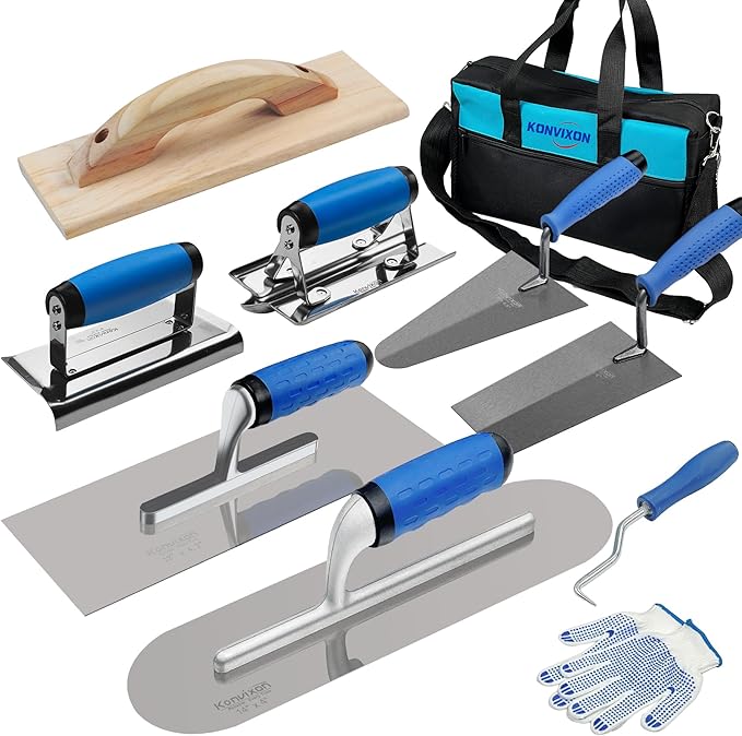 10PCS Concrete Trowel Set, Masonry Hand Tool Set Includes Large Flat Finishing and Pool Trowel, Wood Float, Concrete Edger and Groover, Margin Gauging, Wire Twister, Gloves & Carry Bag-VerdiqueGarden