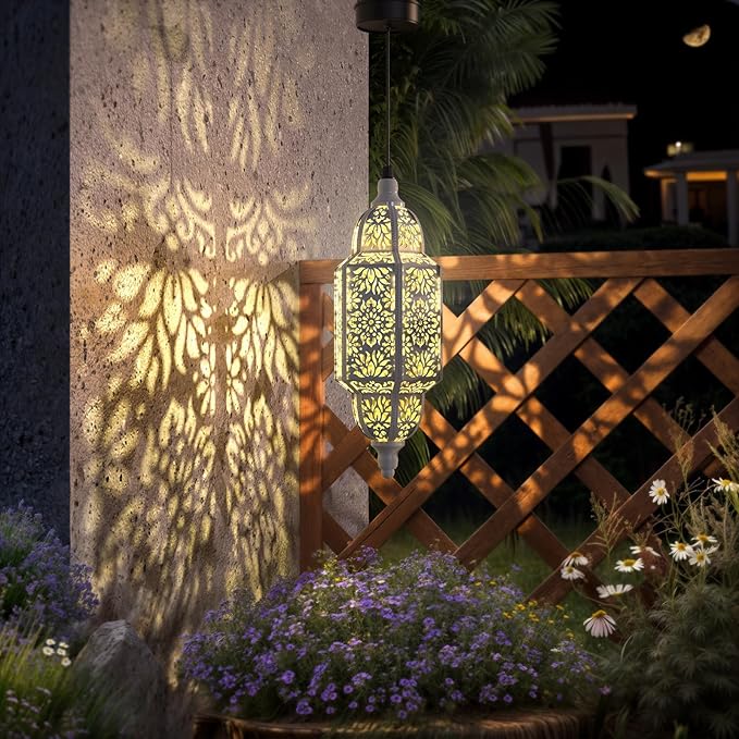 Twinkya Hanging Solar Lights Outdoor Garden Decorative Solar Lantern Waterproof Metal Moroccan Outdoor Decorations for Patio Pathway Yard Porch Backyard Garden Decor (White, 1 Pack)-VerdiqueGarden