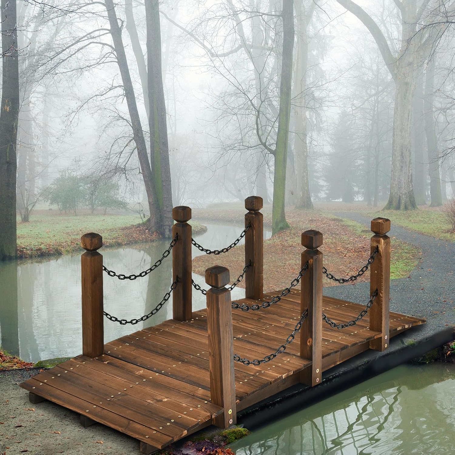 Giantex 5 FT Wooden Garden Bridge, Stained Wood Arc Footbridge with Chain Railings for Backyard Creek Farm, Decorative Pond Bridge, Easy to Assemble, 400 lbs Capacity (Brown)-VerdiqueGarden