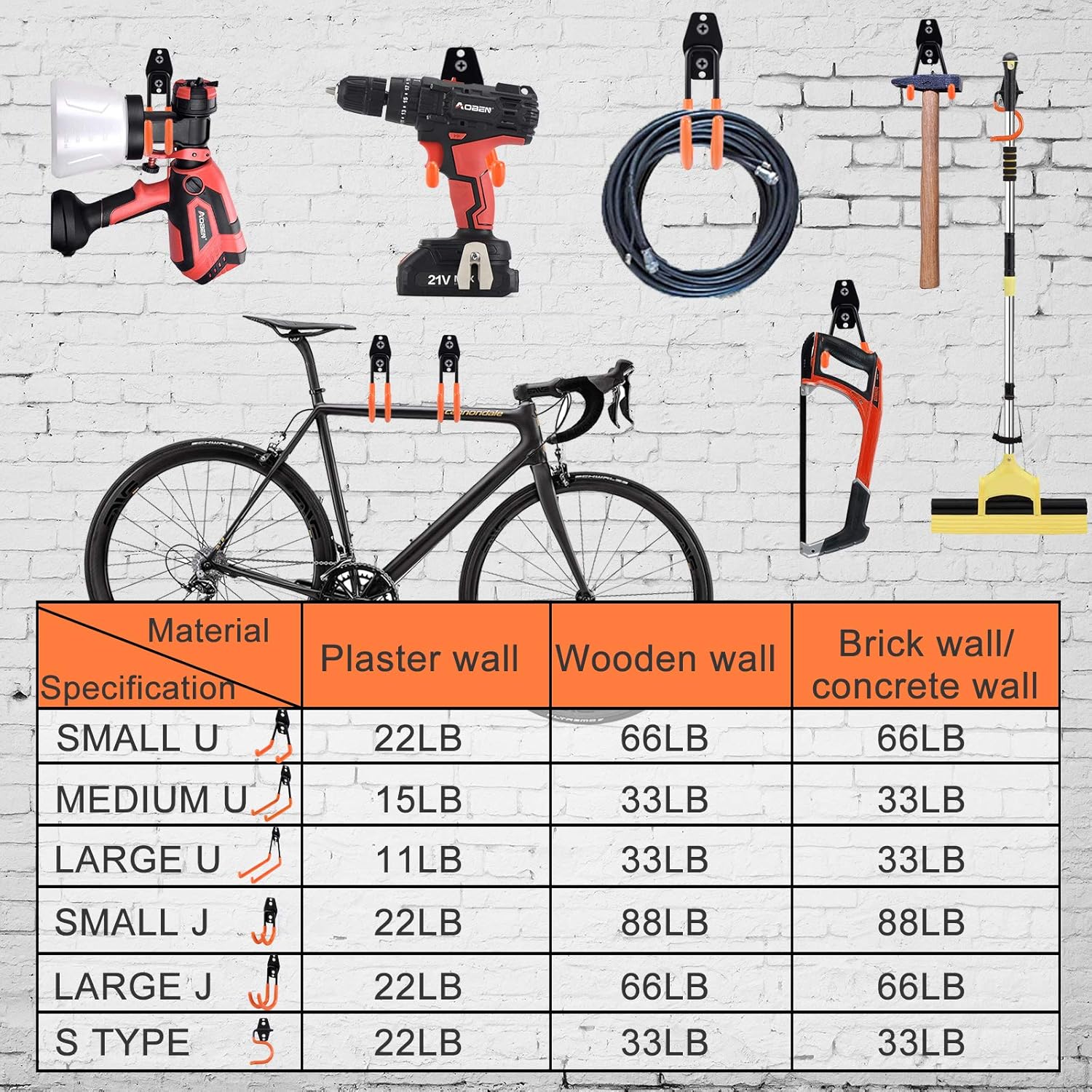 AOBEN Garage Hooks Heavy Duty, Steel Garage Storage Hooks, Utility Tool Hangers and Combinable Wall Mount for Organizing Ladders, Bikes, Hoses, and More Equipment (Large J, 6 Pack)-VerdiqueGarden