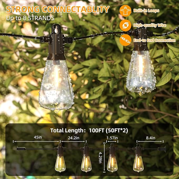 FOOMAN LED Outdoor String Lights, 100FT Outside Waterproof Patio Lights with 50+3 Shatterproof ST38 Edison Bulbs, 2700K Warm White Hanging Light, Dimmable Light for Back Yard Porch Party Gezebo-VerdiqueGarden